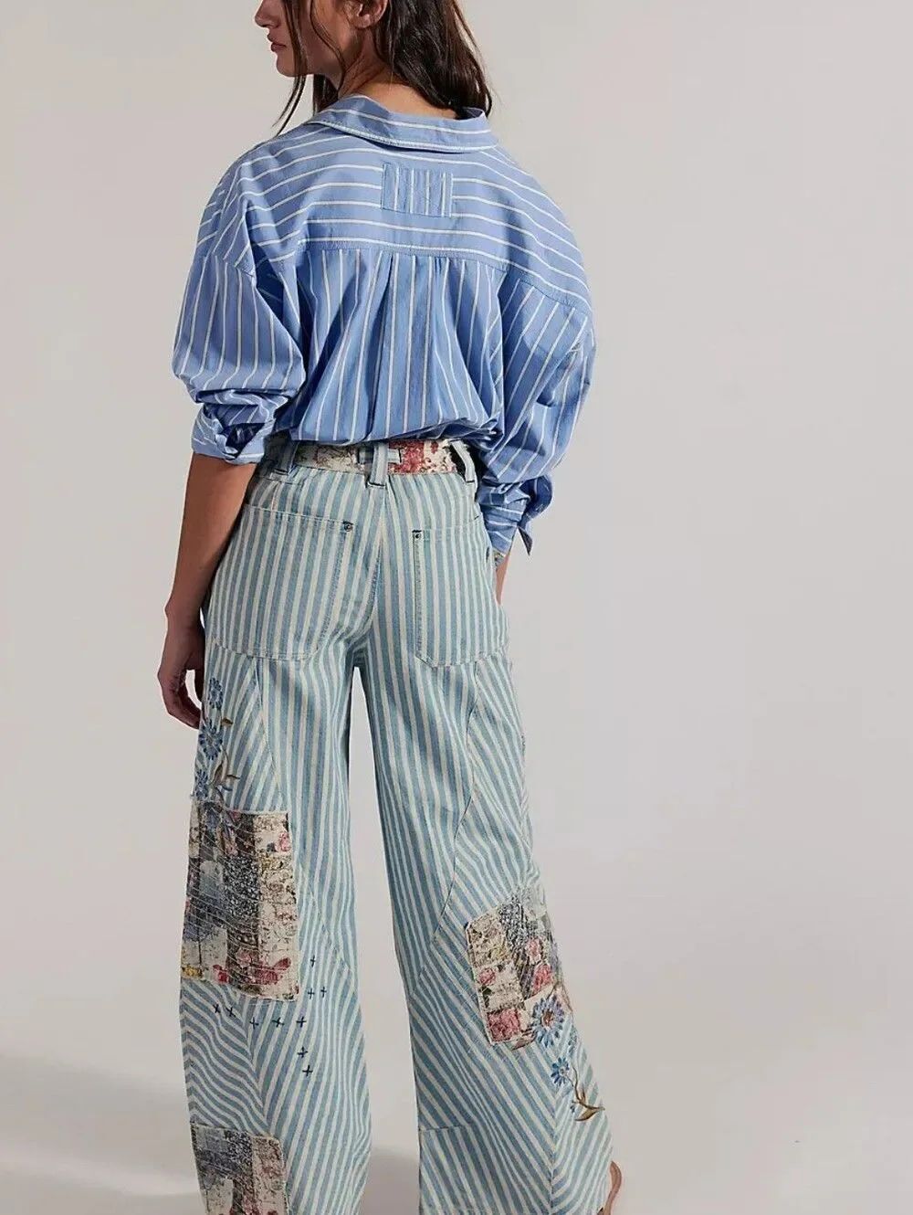 Free People Runyon Patch Light Blue Striped Wide-Leg Embroidered Jeans - Picture 2 of 12